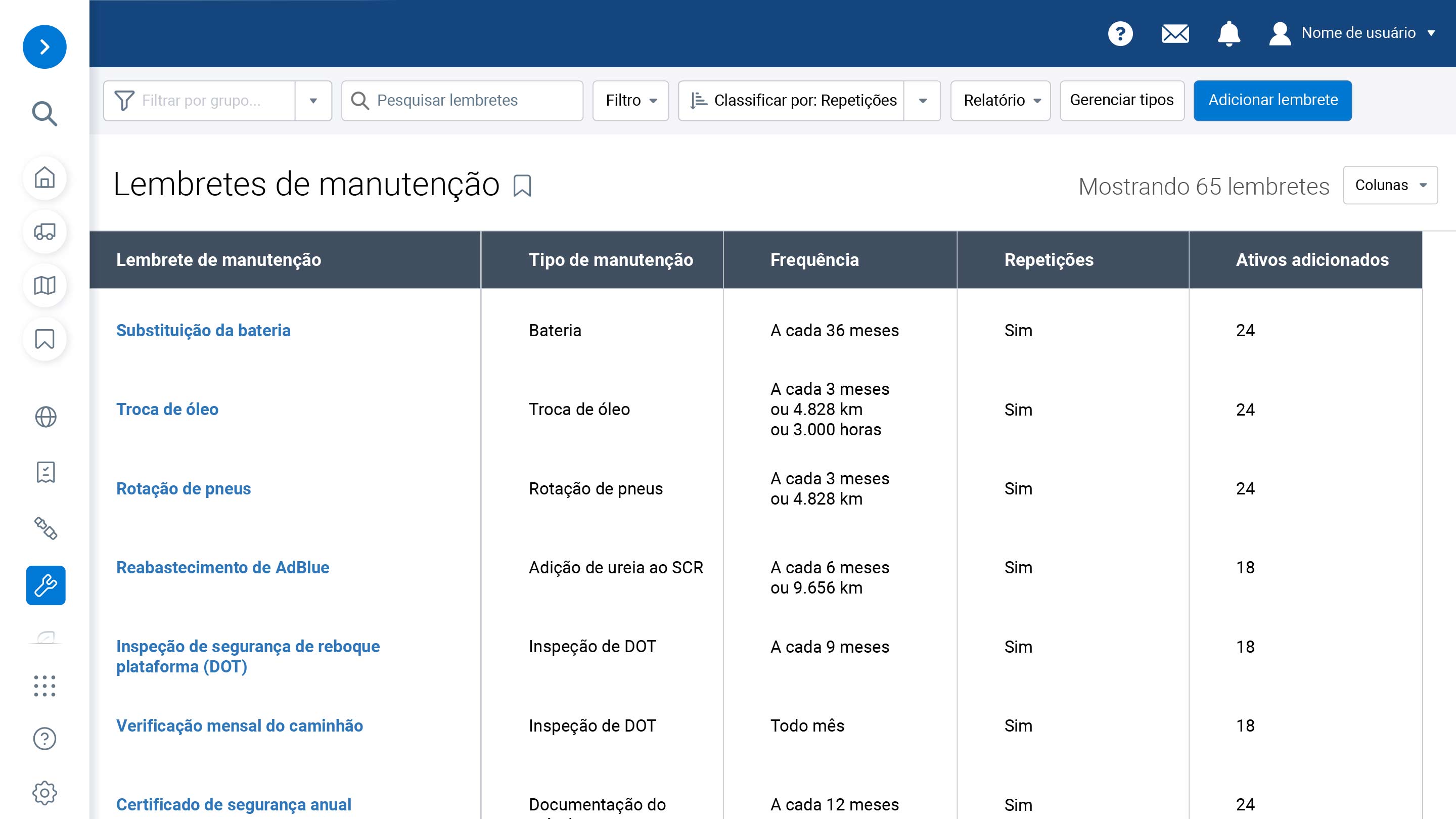 Painel de lembretes de manutenção da plataforma MyGeotab, exibindo tarefas programadas como troca de óleo, substituição de bateria e inspeções periódicas para otimização da gestão de frotas.